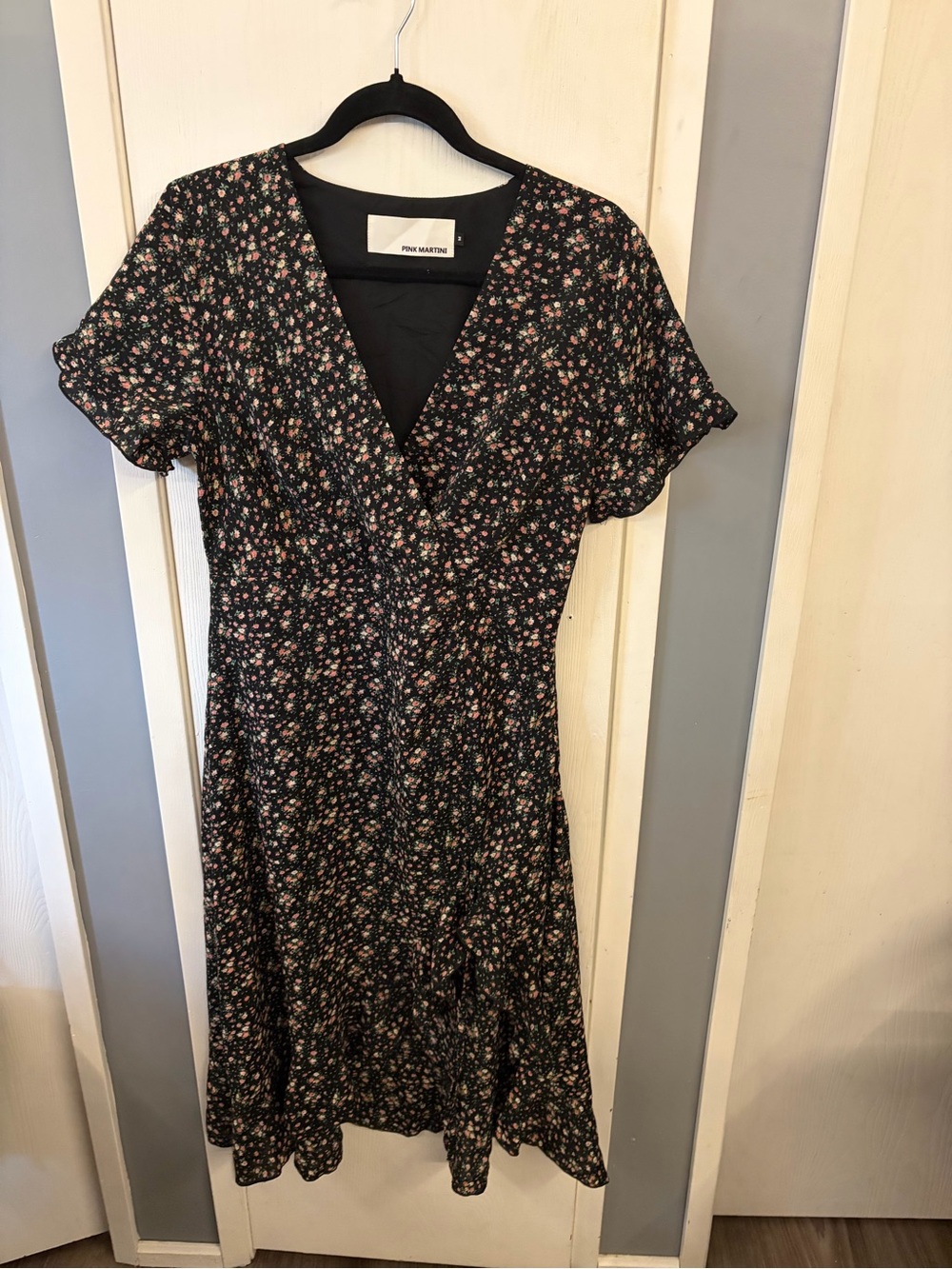 Pink Martini Black Floral Wrap-Style Dress with Pink and Cream Blossoms